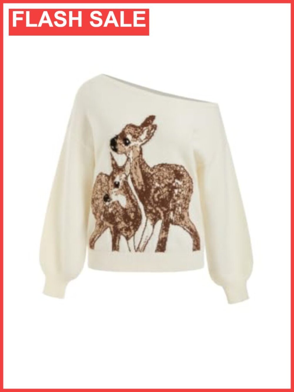 Womens Off Shoulder Deer Graphic Knit Sweater Pullover